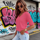 Women's V-Neck Cuffed Sleeve Ribbed T-Shirt