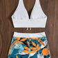 Leaf Print Halter V-Neck Two-Piece Swimsuit