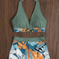 Leaf Print Halter V-Neck Two-Piece Swimsuit