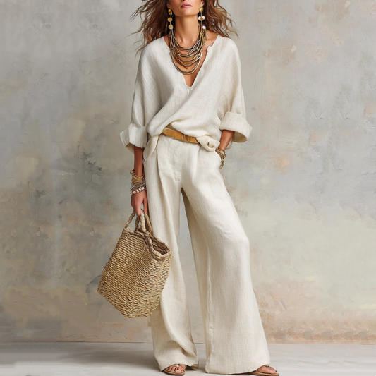 🌸 LIMITED-TIME 50% OFF! 👚 Women's V-Neck Top & Wide-Leg Pants Set – Chic, Coordinated & Breezy 👖