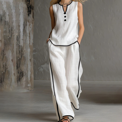 ✨New Arrivals & Best Sellers👖Women's Contrast Trim Sleeveless Top & Wide-Leg Pants Set Elegant 2 Piece Matching Outfit Daily Vacation Casual Wear