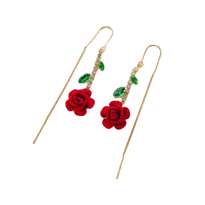 Red Rose Threader Earrings with Crystal Stem