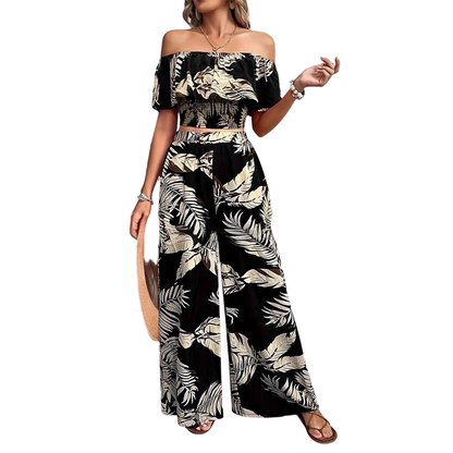 Women's Tropical Leaf Print Off-Shoulder Two-Piece Set