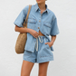 👕 LIMITED-TIME 50% OFF! ✨ Denim Shirt & Shorts Set – Relaxed Fit, Drawstring Waist, 2-Piece 🧵