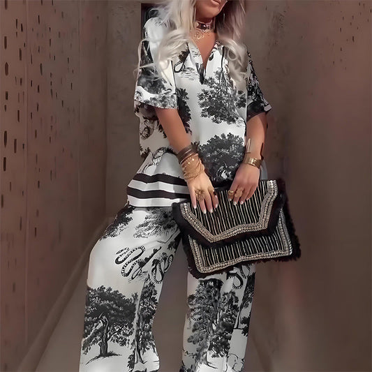 📢📢40% OFF !! ⏰Women's Casual Printed V-Neck Top and Long Pants Set