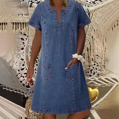 Women's Short Sleeve V-Neck Denim Dress