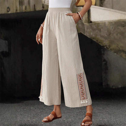 Women's Elastic Waist Wide-Leg Tassel Pants