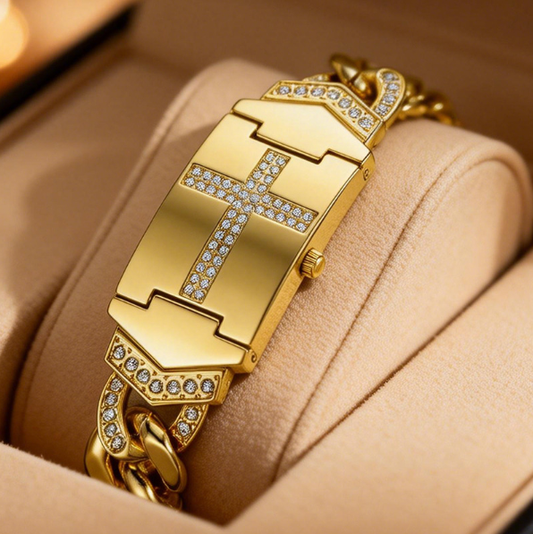 Summervibes Sparkling Crystal Cross Embellishment, Geometric Rectangular Dial, Premium Metal Bracelet Timepiece, Perfect for Daily Elegance & Gifting Perfect Mother’s Day gift