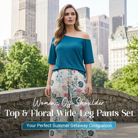 ✨Women's Off-Shoulder Top & Floral Wide-Leg Pants Set