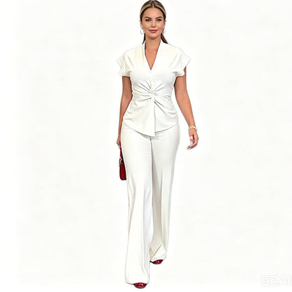 Women's Elegant V-Neck Top & Wide-Leg Pants Set