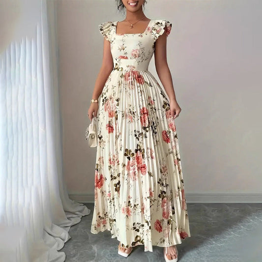 👗 LIMITED-TIME 50% OFF! ✨ Floral Pleated Maxi Dress – Square Neck, Ruffle Sleeves, High-Waist 🌸