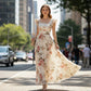 👗 LIMITED-TIME 50% OFF! ✨ Floral Pleated Maxi Dress – Square Neck, Ruffle Sleeves, High-Waist 🌸