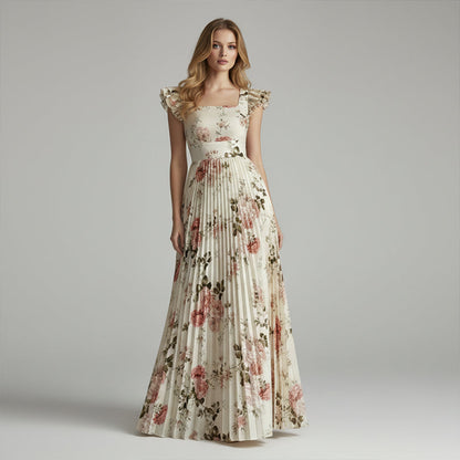 👗 LIMITED-TIME 50% OFF! ✨ Floral Pleated Maxi Dress – Square Neck, Ruffle Sleeves, High-Waist 🌸