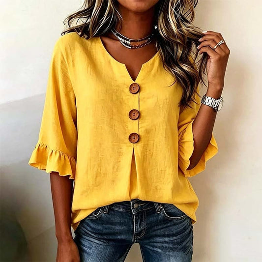 👚 LIMITED-TIME 50% OFF! ✨ Women's V-Neck Ruffle Sleeve Blouse with Wooden Buttons – Bohemian, Flowy, Romantic 🍃