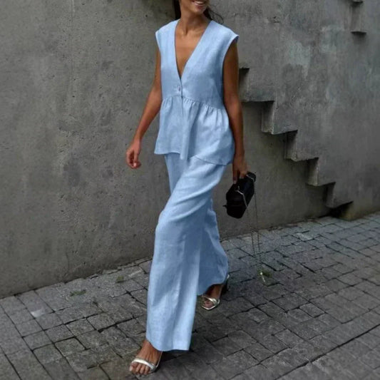 👚 LIMITED-TIME 50% OFF! 🌿 Solid Color V-Neck Sleeveless Top & Wide Leg Pants Two-Piece Set – Modern, Breezy, Versatile Outfit ✨