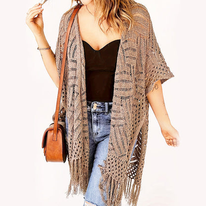 🧶 LIMITED-TIME 50% OFF! 🌴 Women's Open-Front Knit Cover-Up with Tassel Fringe – Bohemian, Lightweight, Versatile Drape ✨