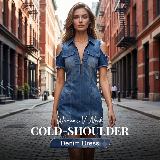 👖 LIMITED-TIME 50% OFF! ✨ Women's Cold-Shoulder Denim Dress – V-Neck, Flowy, Boho 🌼