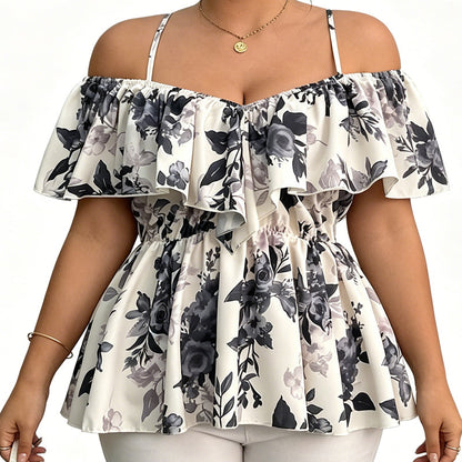 🌸 LIMITED-TIME 50% OFF! ✨ Women's Plus Size Off-Shoulder Top – Peplum, Ruffle, Floral 👒
