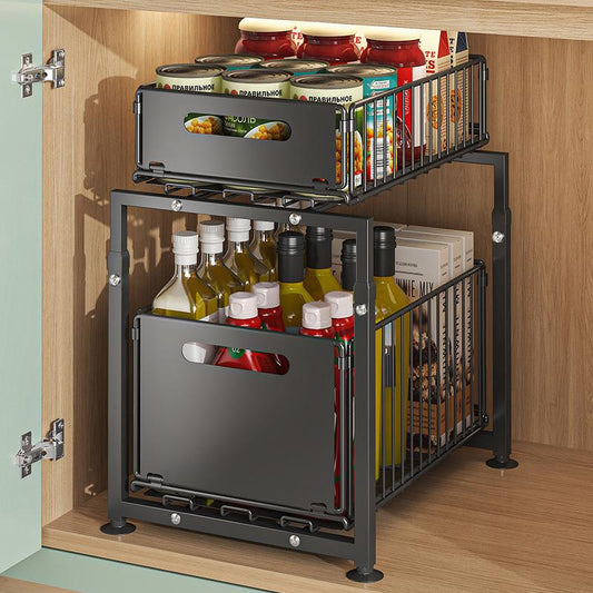 🎉 2026 Sale — Over 31,000 Sold! 🗄️ Carbon Steel Double-Tier Pull Out Cabinet Organizer – Independent Slides, 5 Height Levels – Heavy Items, Easy Access! ✨