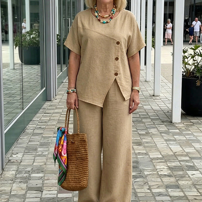 Chic Button Detail Top & Wide-Leg Pants Set