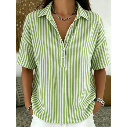 👚 50% OFF NOW!🌿 Women's Casual Striped Short-Sleeve Shirt – Relaxed Fit & V-Neck – Summer Essential 🛍️