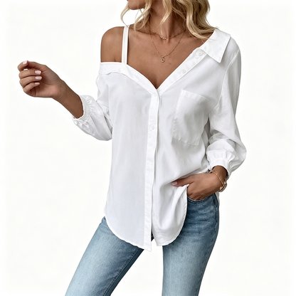 👔 LIMITED-TIME 50% OFF! ✨ Women's Off-Shoulder Button-Down – Asymmetrical, Crinkle Fabric, Long Sleeve 🍁