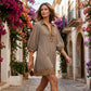 Women's Leopard Trim Striped Collared Tunic Dress