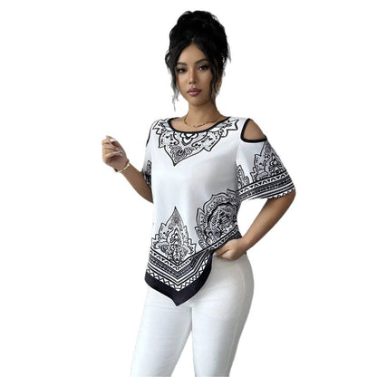 👚 LIMITED-TIME 50% OFF! ✨ Boho Cold Shoulder Tee – Asymmetrical Hem, Print, Lightweight 🌸