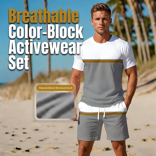🏖️👕 Men's Summer Color-Block Sportswear Set – Breathable Athletic T-Shirt & Drawstring Shorts 2-Piece Outfit