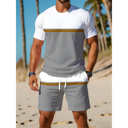 🏖️👕 Men's Summer Color-Block Sportswear Set – Breathable Athletic T-Shirt & Drawstring Shorts 2-Piece Outfit