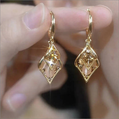 🍃 LIMITED-TIME BUY 1 GET 1 FREE! ✨ Cat's Eye Drop Earrings – Leaf Design, Gold Tone, Luminous 💛
