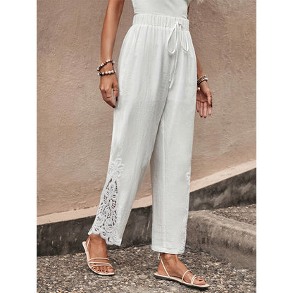 👖 50% OFF NOW! 🧶 Women's Wide-Leg Pants – Breathable Cotton Blend, Lace Crochet Side Hem & Drawstring Waist – Relaxed Fit, Feminine Detail 🌿