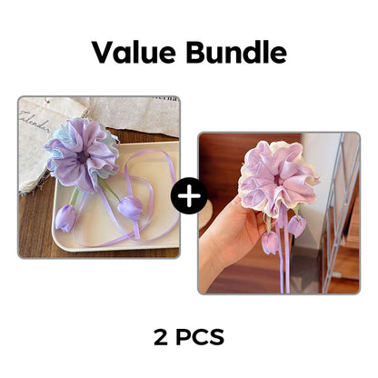 Girls Pastel Floral Hair Scrunchie with Hanging Tulip Pendant