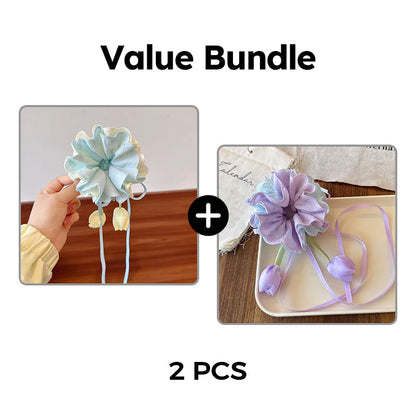 Girls Pastel Floral Hair Scrunchie with Hanging Tulip Pendant