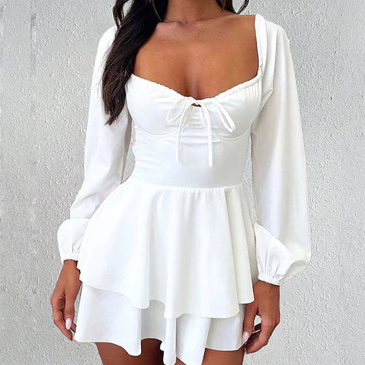 👗 50% OFF NOW! 🎀 Women's Sweetheart Neckline Skort Dress – Tiered Ruffles & Open Back – Playful & Elegant 🥂