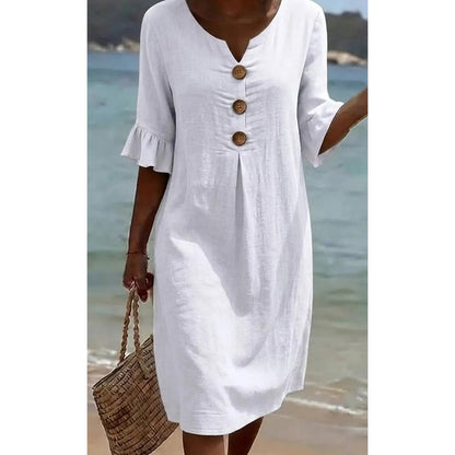 🎉 2026 Sale — Over 31,600 Sold 🔥 Women Solid Ruffle Sleeve V-Neck Midi Dress – Summer Casual Dress 🌸