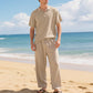 Men's Casual Linen Blend Shirt and Pants Set Loose Fit Beach Wear