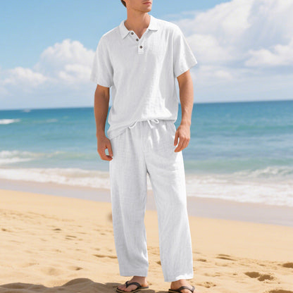 Men's Casual Linen Blend Shirt and Pants Set Loose Fit Beach Wear