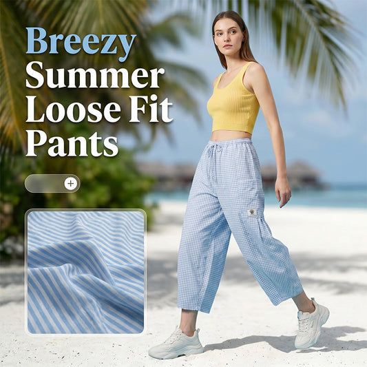 👖 Women's Summer Loose Fit Gingham Pants — Drawstring Wide Leg Trousers with Pockets