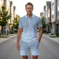 💙Men's Geometric Print Collared Top & Shorts Set😎
