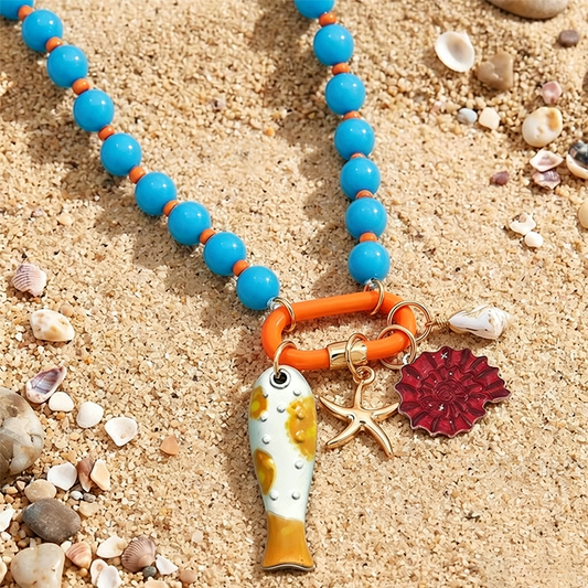 🐚 Ocean-Inspired Beaded Necklace | Eye-Catching Beads · Starfish and Fish Pendants · Stackable · Adds a Touch of Style | Everyday Wear · Vacation Outings