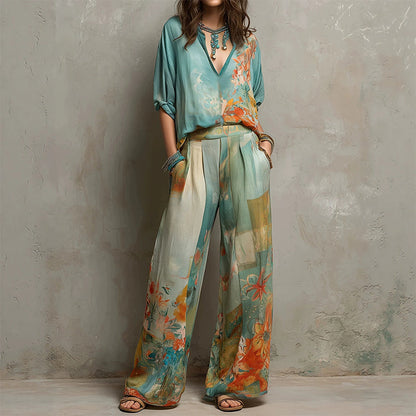 Women's Artistic Print V-Neck Top & Wide-Leg Pants Set