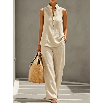 🎉 LIMITED TIME 50% OFF! 💕 Women's Minimalist Sleeveless Top & Wide-Leg Pants Set – Stand Collar & Relaxed Fit 🌸