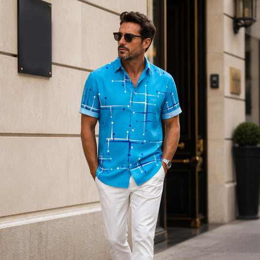 🔥 Pro-Favorite Men's Geometric Print Relaxed-Fit Button-Down Shirt – Blended Material – Breathable 👔