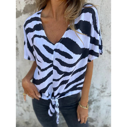 Women's V-Neck Tie-Front Zebra Print T-Shirt