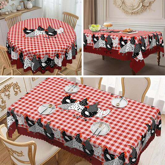 🐓 LIMITED TIME 50% OFF! ❤️ Farmhouse Rooster Tablecloth – Red Buffalo Plaid Chicken Table Cover, Spill Proof & Scalloped Lace Edge ✨