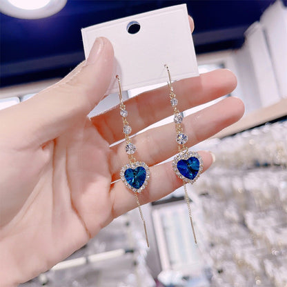 💙✨ 50% OFF! Blue Crystal Heart Drop Earrings | Elegant Long Dangle Earrings for Women