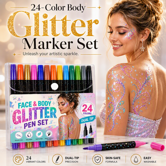 🎉 2026 Sale — Over 9,000 Sold! ✨ 24-Color Glitter Body Marker Set – Dual Tips for Fine Lines & Bold Fill – Shine All Night! 🎨