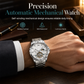 Men's Automatic Mechanical Watch Luminous Water Resistant Business Skeleton Flywheel Wristwatch with Stainless Steel Strap