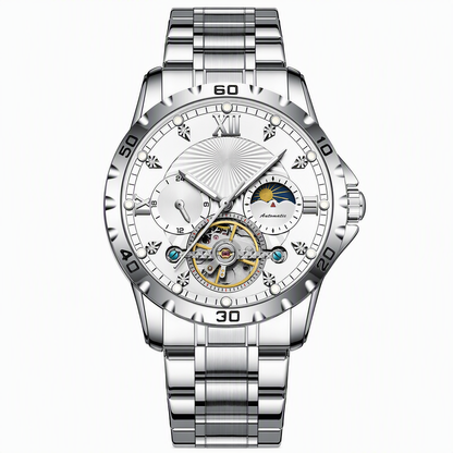Men's Automatic Mechanical Watch Luminous Water Resistant Business Skeleton Flywheel Wristwatch with Stainless Steel Strap